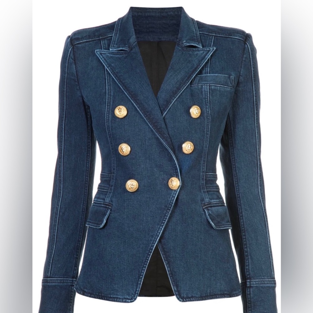 $2500 NEW Balmain Blue Denim Blazer Cotton Jacket sz. US 2, EU32, FR 34